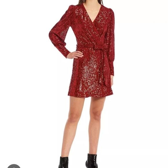 Gianni Bini GB Red Sequins Holiday Wrap Long Sleeve Dress - Medium - Picture 1 of 14
